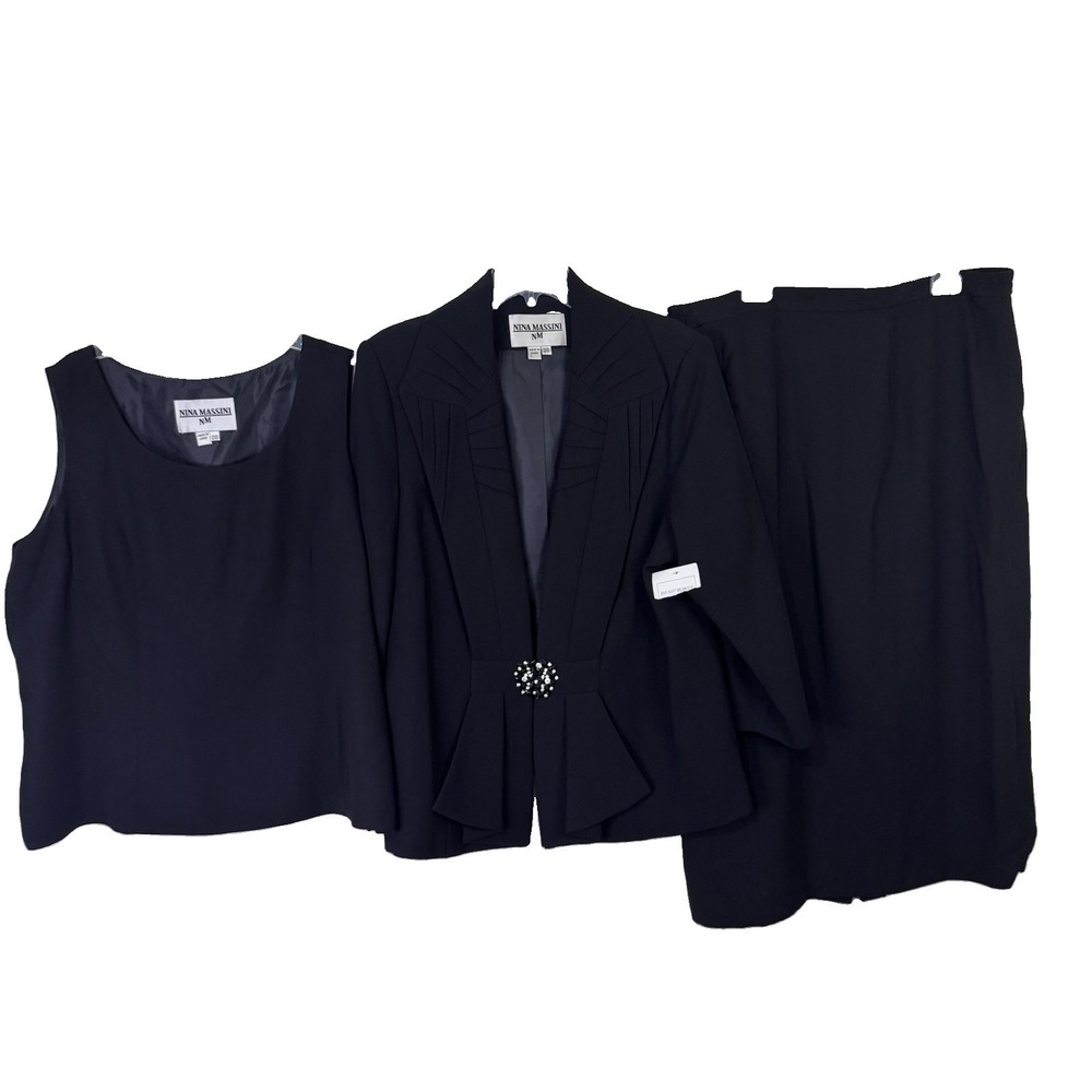 Vtg NINA MASSINI 3pc Black Church Suit Woman Sz 20 Plus Jacket, Skirt, Top NWT